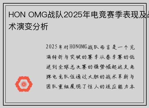 HON OMG战队2025年电竞赛季表现及战术演变分析