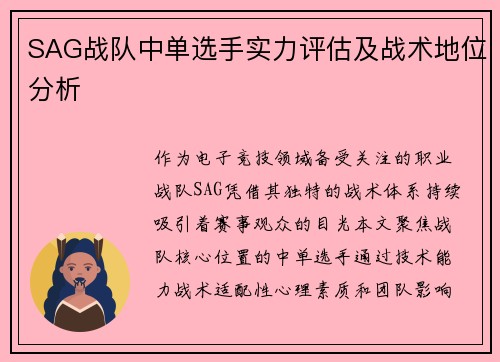 SAG战队中单选手实力评估及战术地位分析