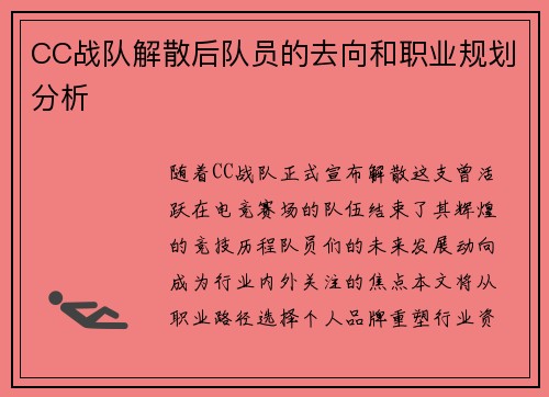 CC战队解散后队员的去向和职业规划分析